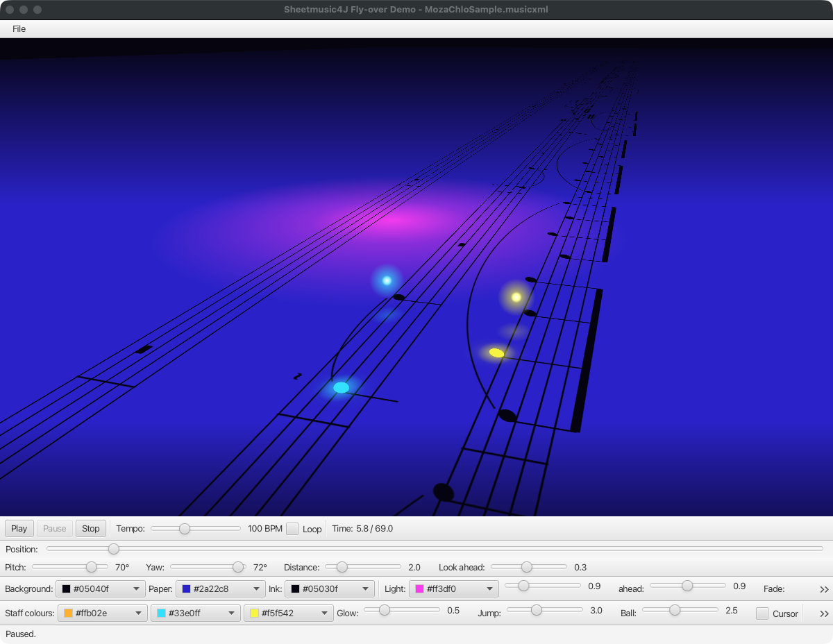 The FlyOverDemoApp: a 3D score on blue paper with glowing balls hopping from note to note