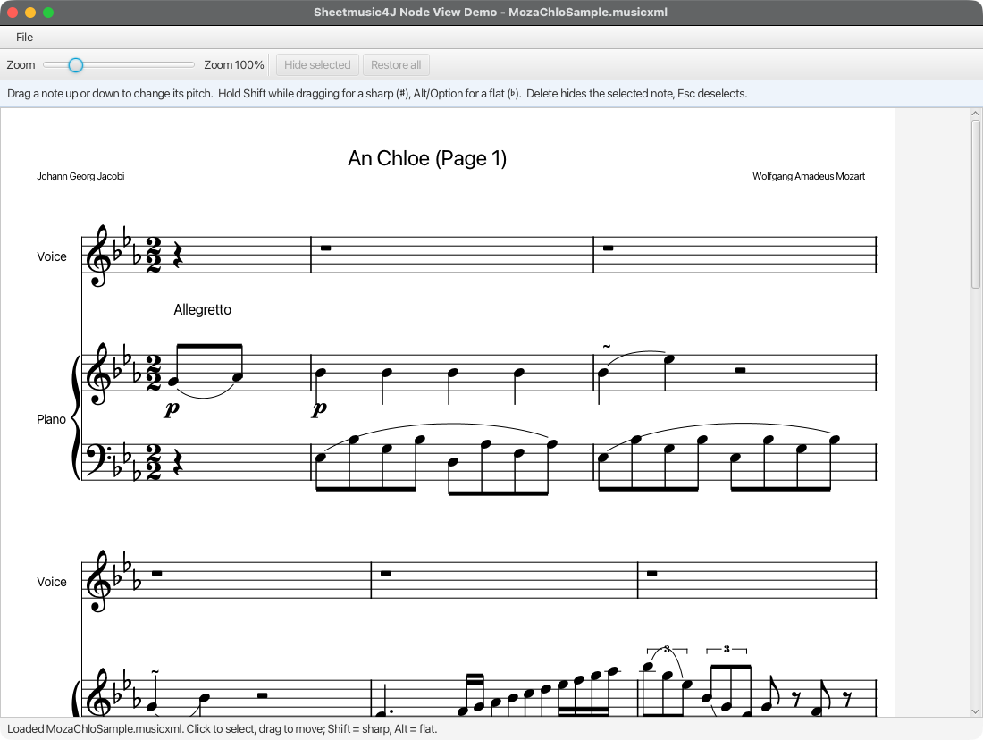 The NodeDemoApp showing Mozart’s An Chloe as a JavaFX scene graph with selectable notes