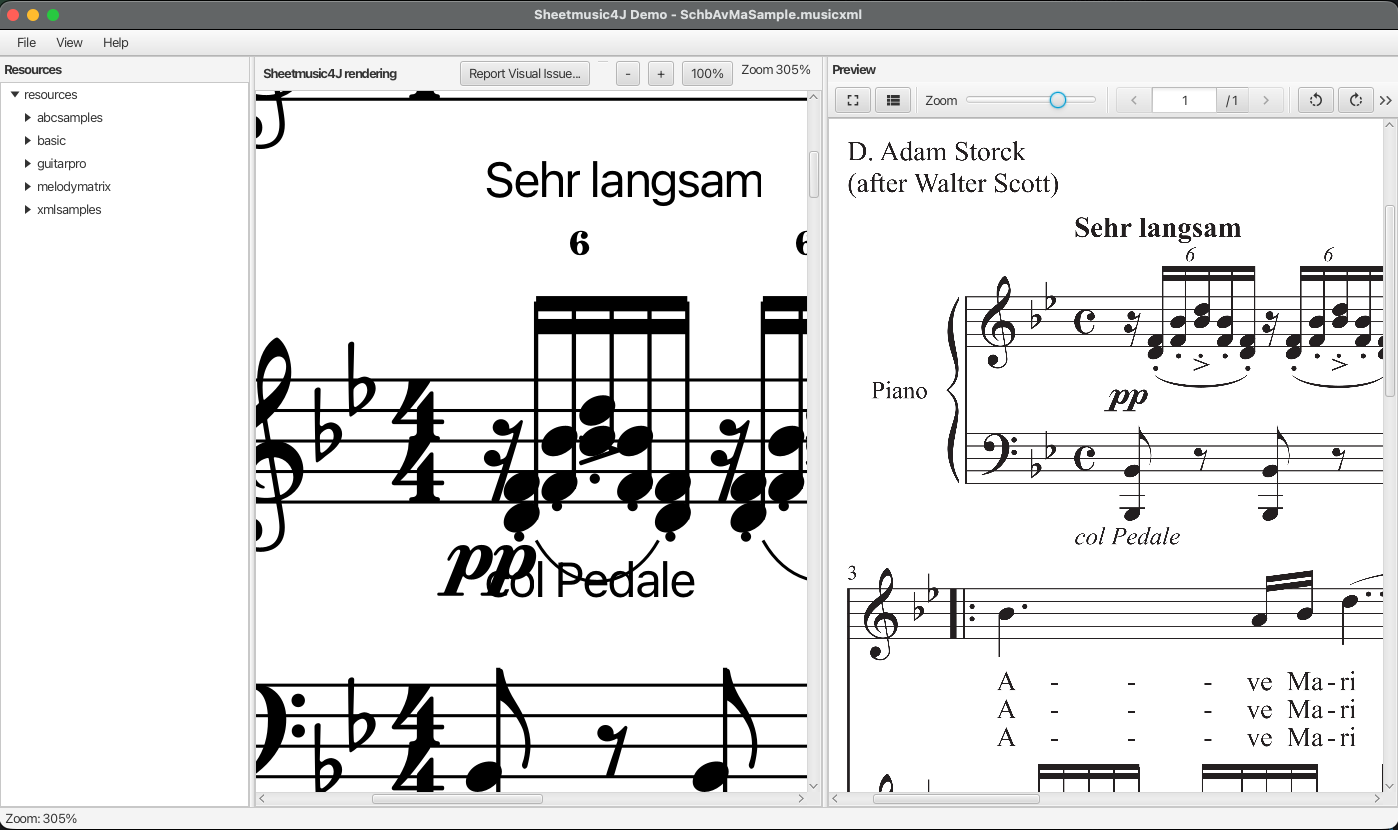 The demo app with the Report Visual Issue button, showing the Sheetmusic4J rendering next to the reference PDF