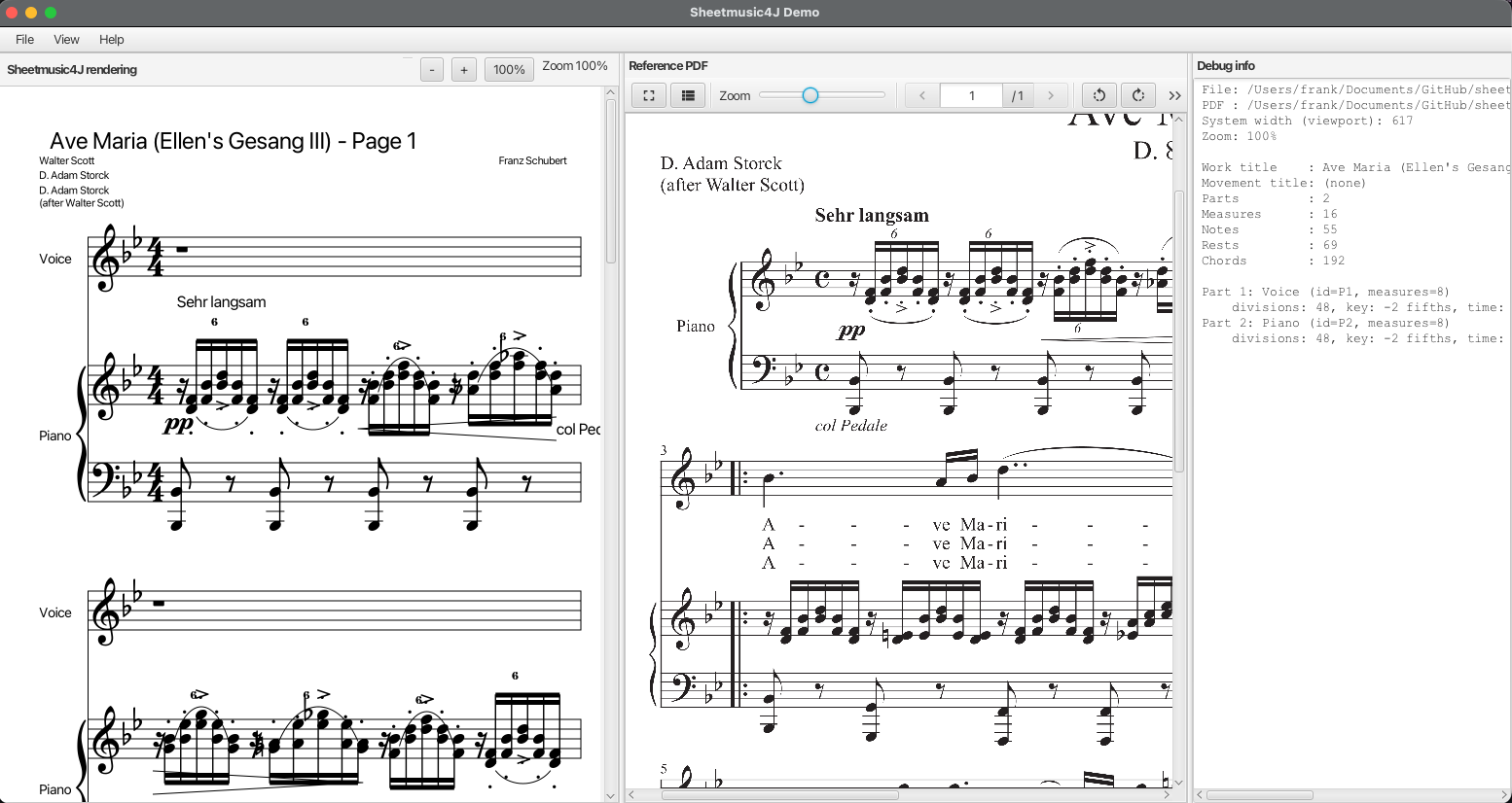 Sheetmusic4J fxdemo application showing a rendered score alongside its inspection pane